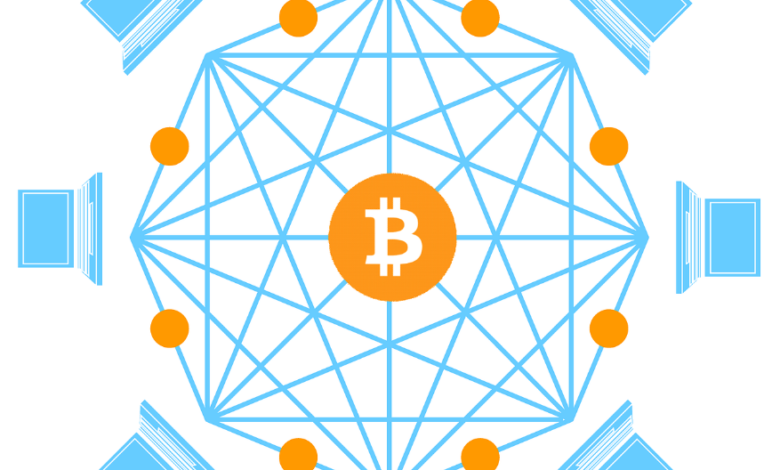 Illustration of a decentralized blockchain network with Bitcoin in the center and laptops around it.