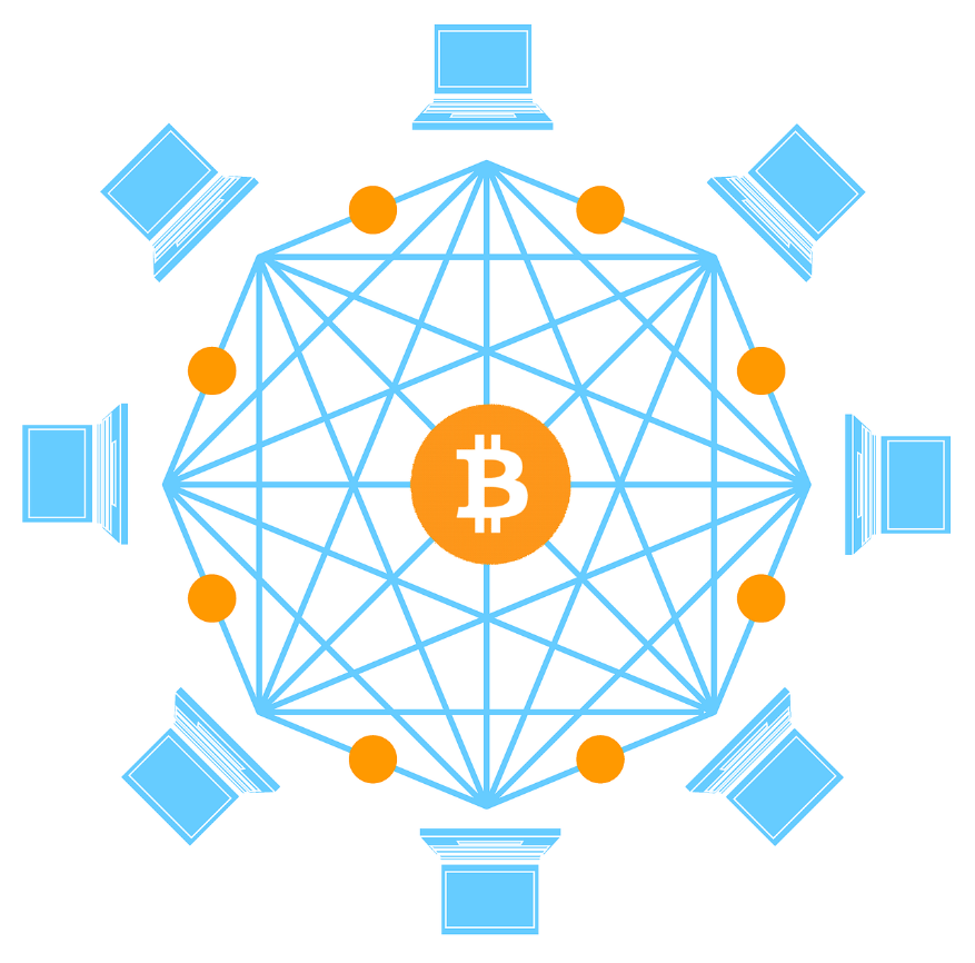 Illustration of a decentralized blockchain network with Bitcoin in the center and laptops around it.